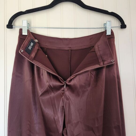 NEW DO+BE Chocolate Brown Satin Contemporary High Waist Split Hem Pants Medium - Picture 5 of 7